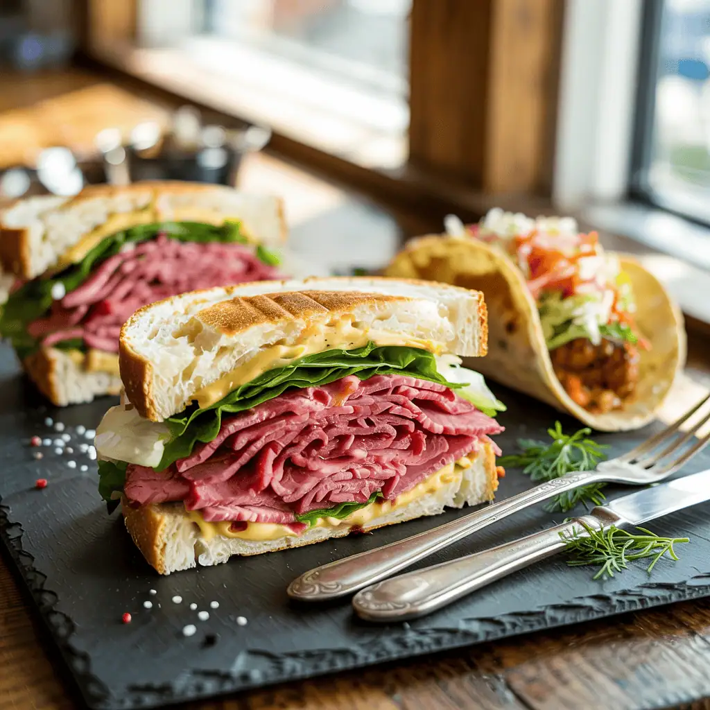 Creative instant pot corned beef sandwich with lettuce on a board