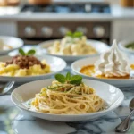 Comforting dishes made with heavy cream including pasta and soup on a white modern table