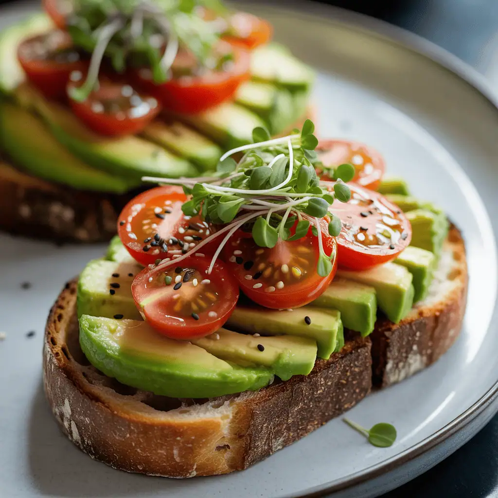 Avocado toast on sourdough bread with cherry tomatoes and microgreens