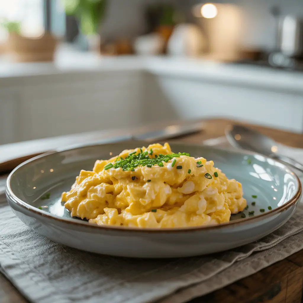 Fluffy scrambled eggs with heavy cream on a modern plate with herbs