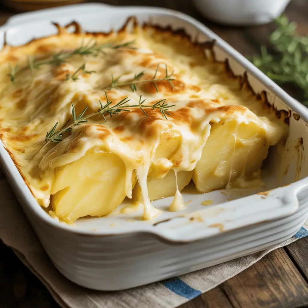 Potatoes au gratin made with heavy cream and cheese