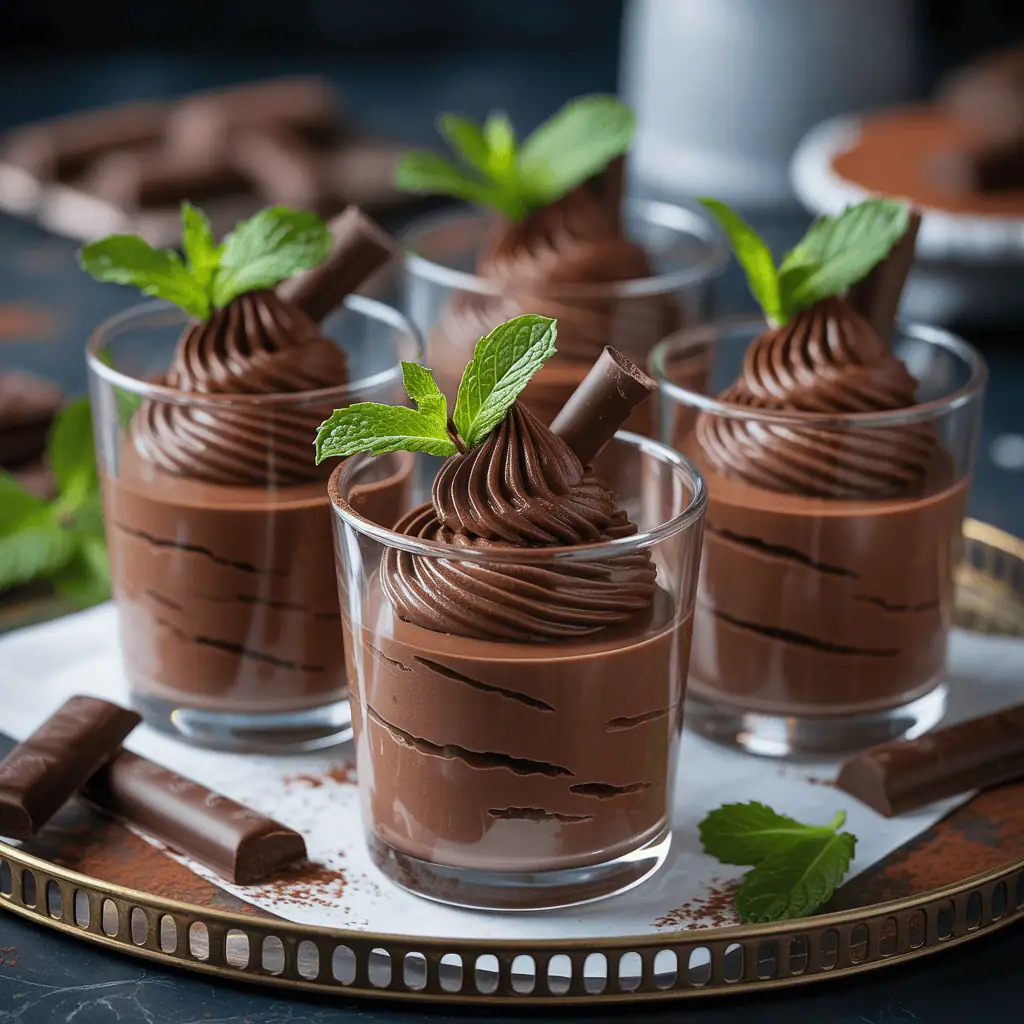 Rich chocolate mousse topped with mint, styled on a gold serving tray