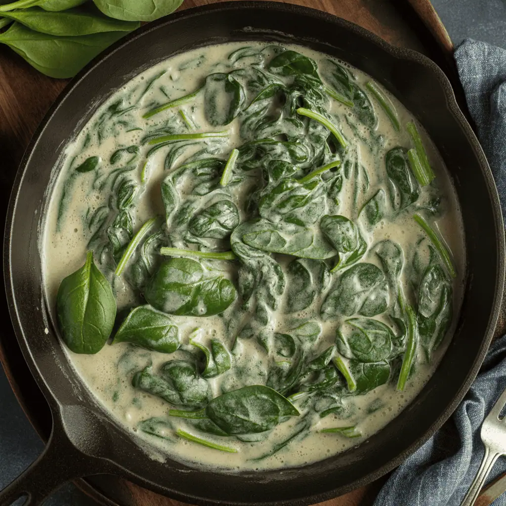 Creamed spinach with garlic and Parmesan made with heavy cream