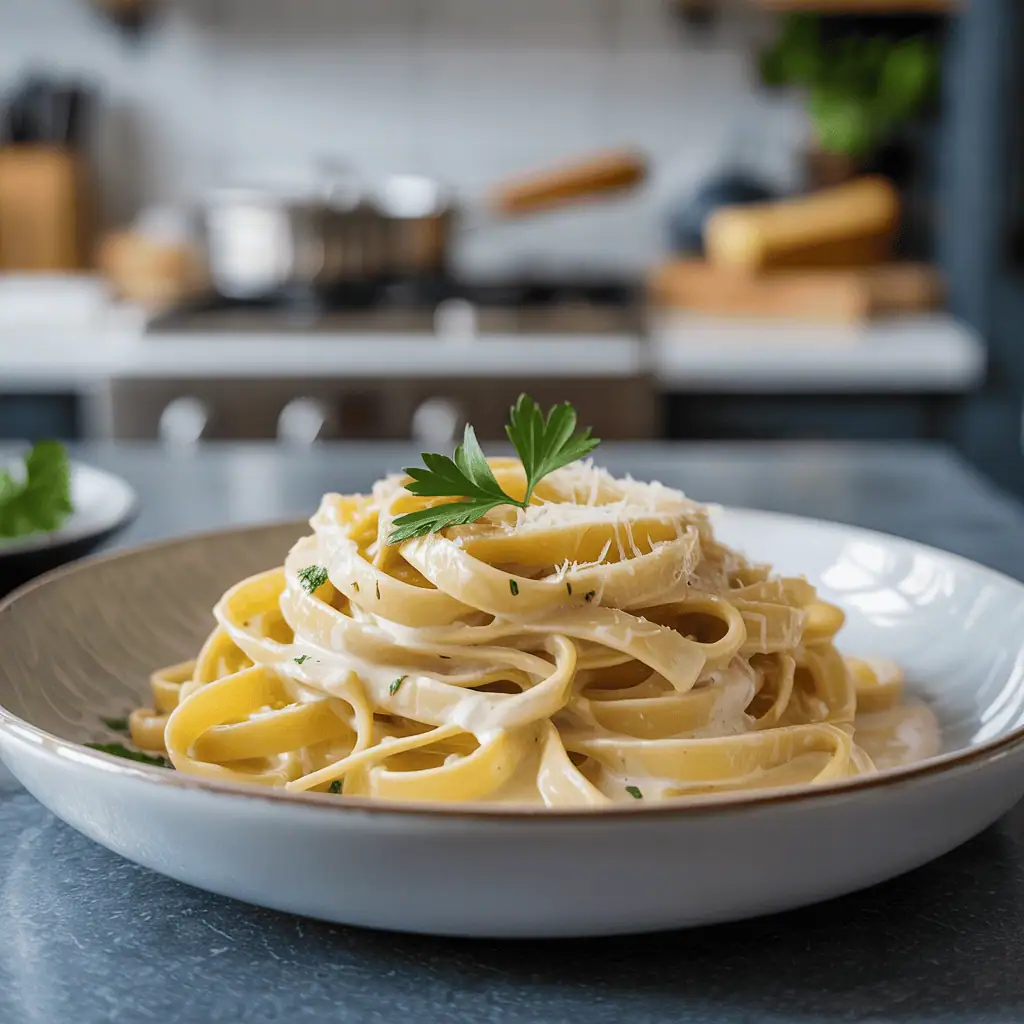 Golden Alfredo pasta swirled with fresh herbs on a white ceramic plate