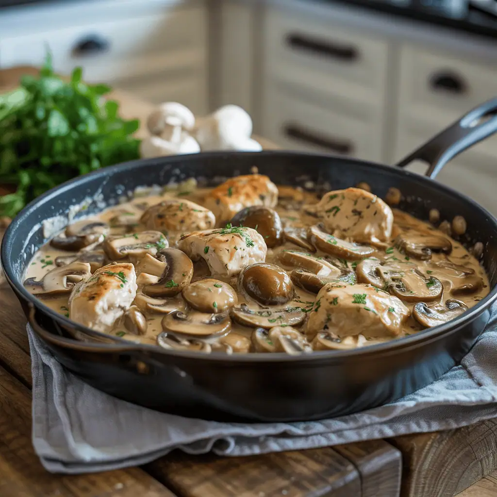 Chicken and mushroom skillet cooked in heavy cream