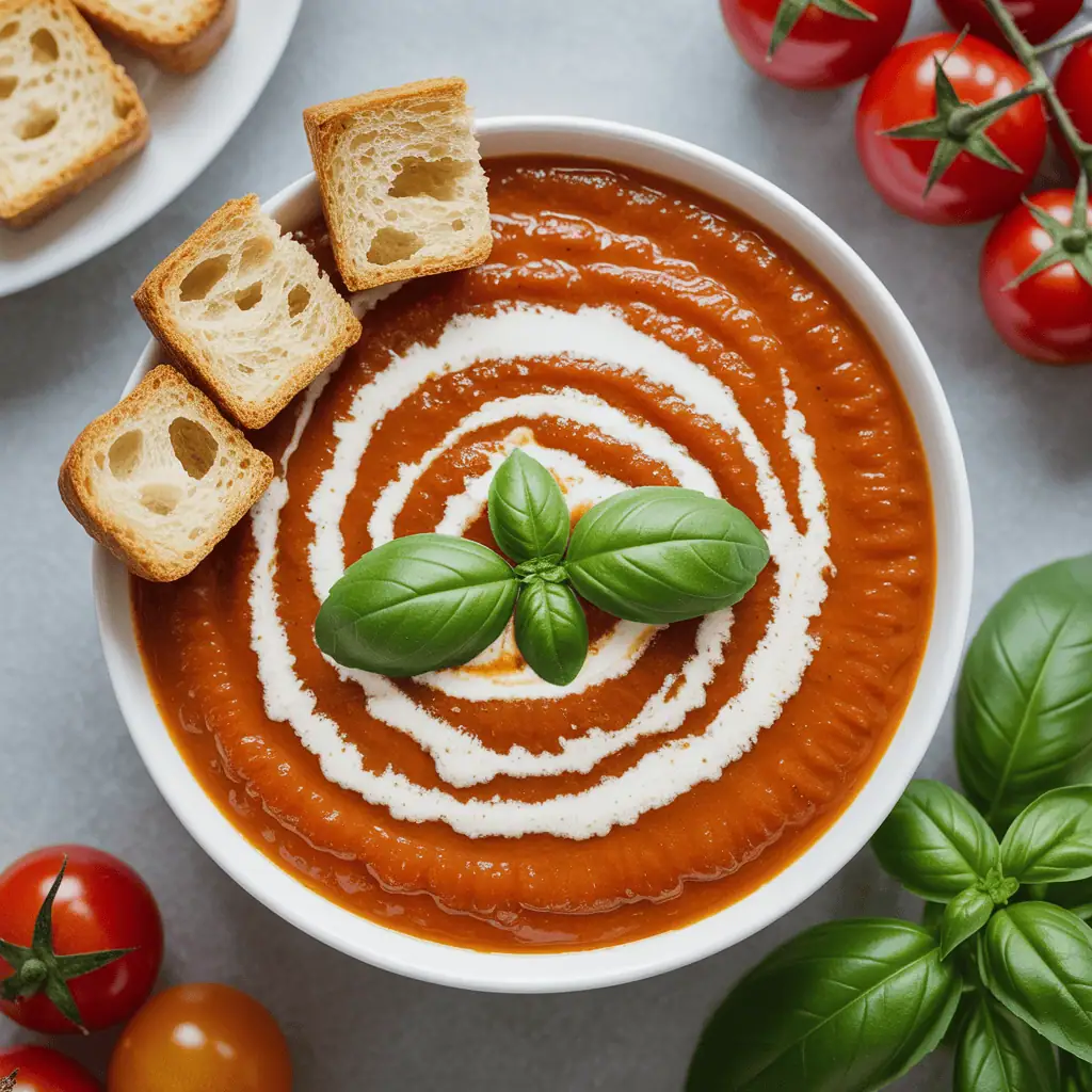 Tomato basil soup with swirl of heavy cream