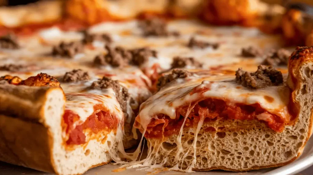 Chicago deep-dish pizza slice showcasing thick crust and gooey layers