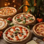 A selection of famous types of pizza including Neapolitan, Sicilian, and New York-style served on a rustic table
