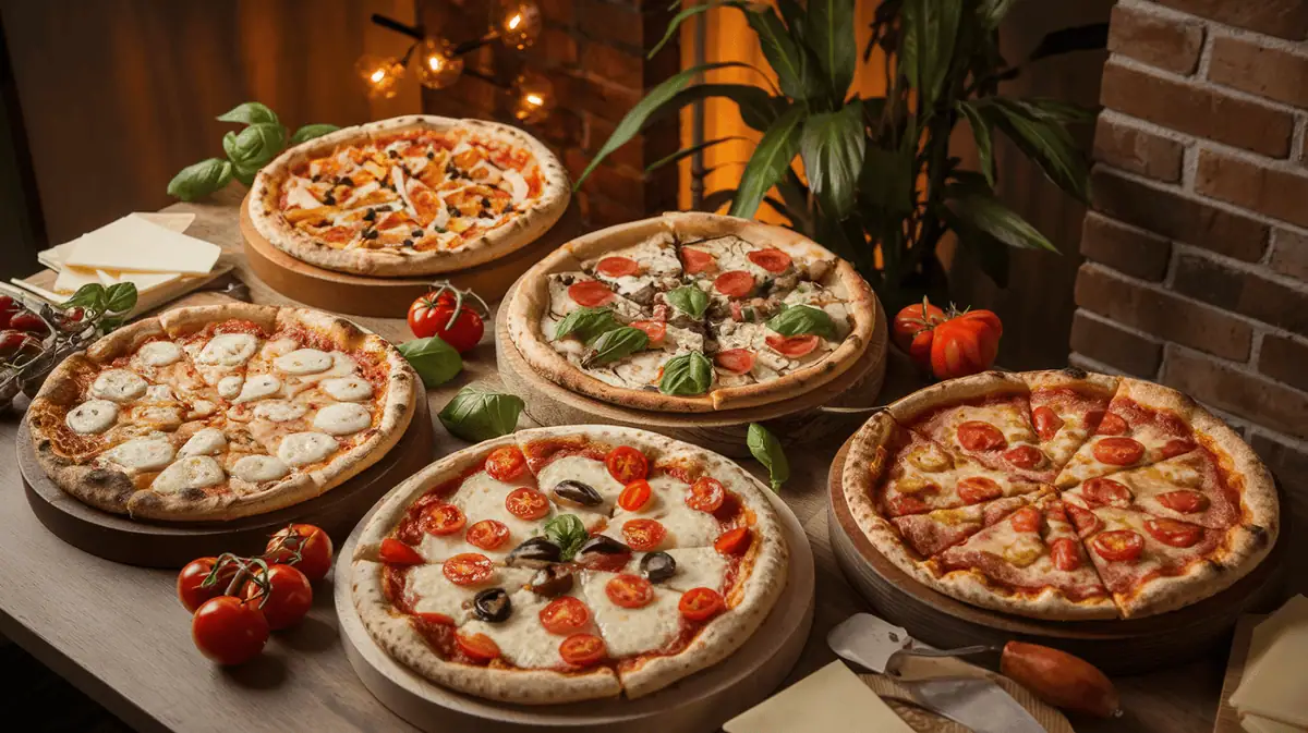A selection of famous types of pizza including Neapolitan, Sicilian, and New York-style served on a rustic table