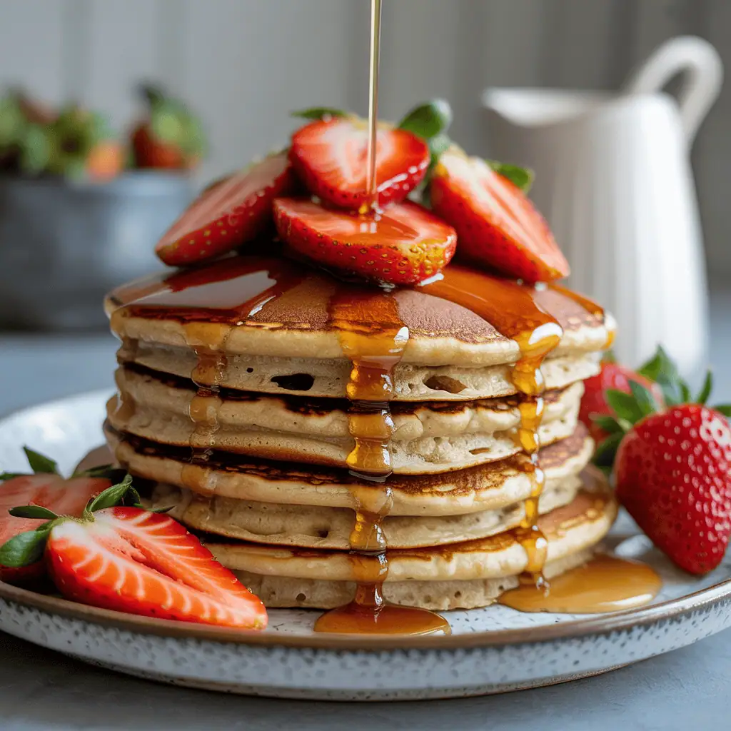 Fluffy pancakes stacked and topped with strawberries and maple syrup