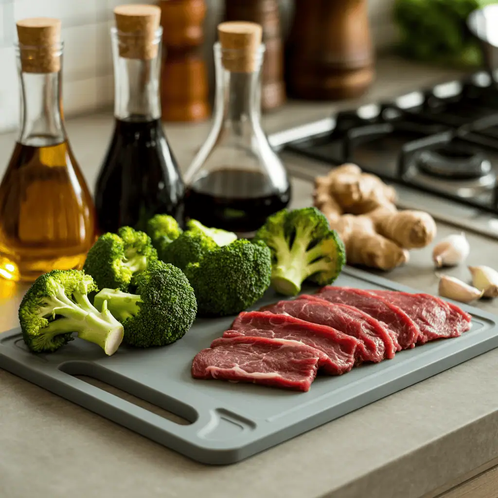 Fresh broccoli florets and raw beef slices on a cutting board with soy and ginger