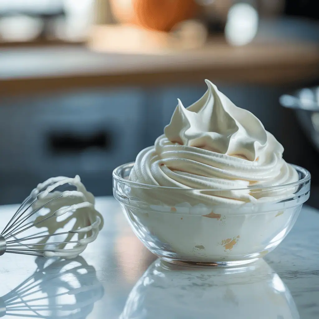Fluffy whipped topping served in a glass bowl with soft natural light