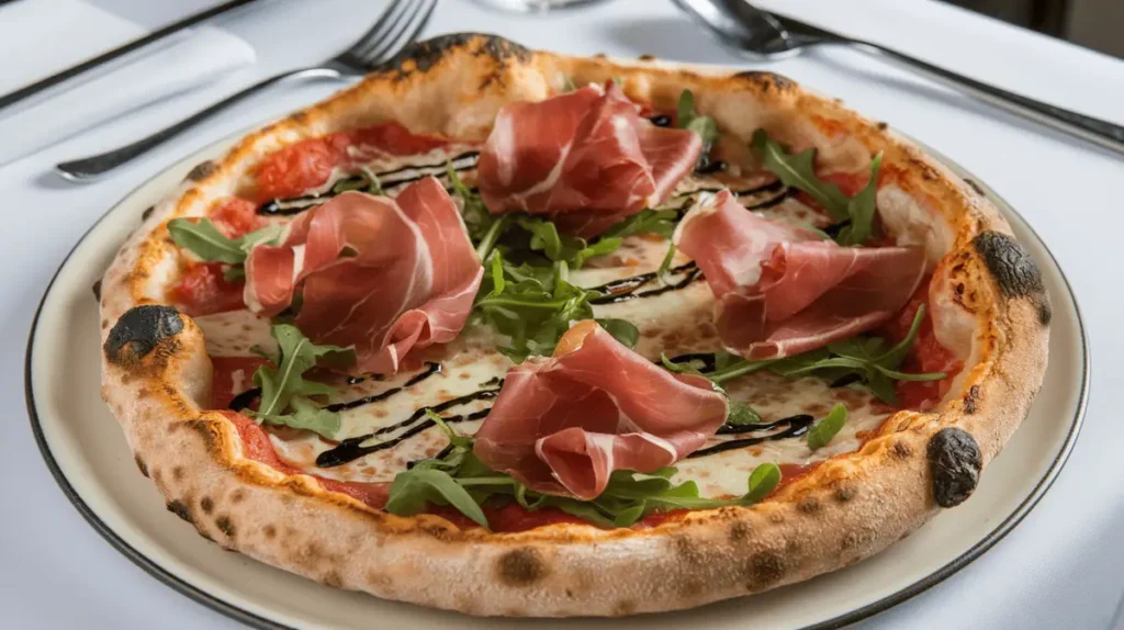Thin-crust pizza topped with arugula and truffle oil