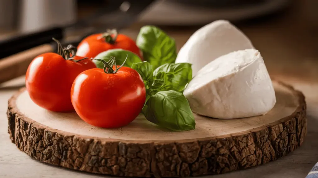 Fresh San Marzano tomatoes, mozzarella, and basil for traditional types of pizza