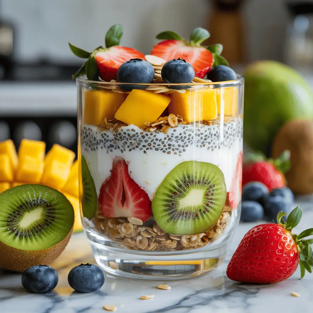 Colorful vegan parfait in glass with fruit and granola
