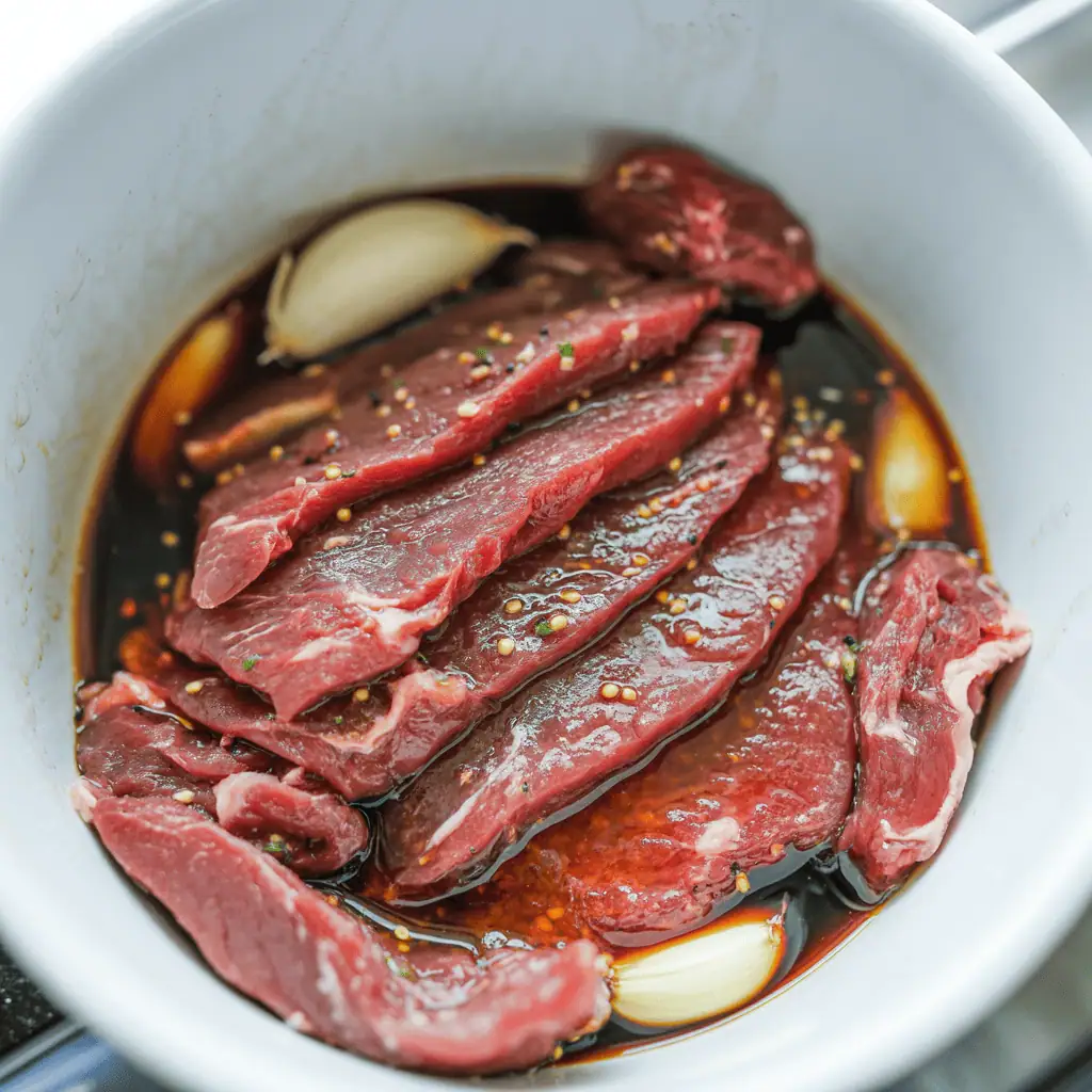 Thin-sliced beef marinating in soy, garlic, and sesame oil