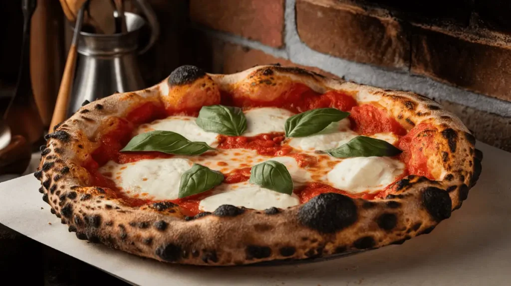 Authentic Neapolitan-style pizza with fresh basil and a wood-fired crust
