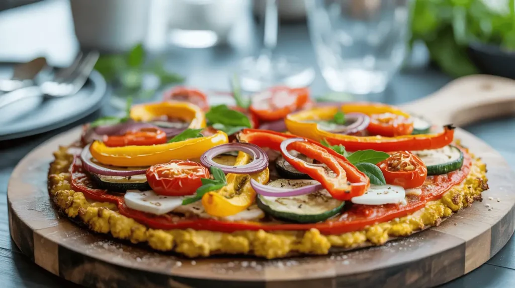 A plant-based type of pizza topped with roasted vegetables, vegan cheese, and herbs on a cauliflower crust