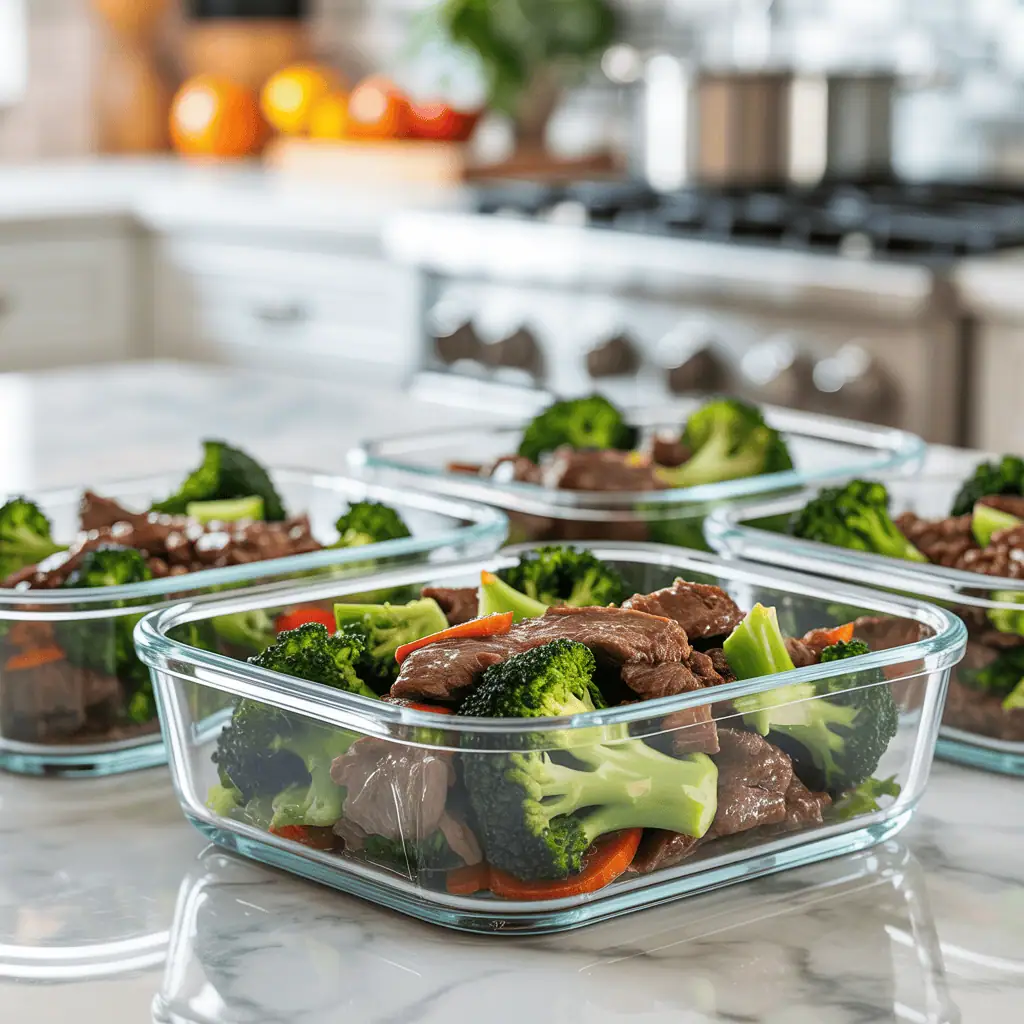 Glass containers with portioned stir-fry meals ready to freeze