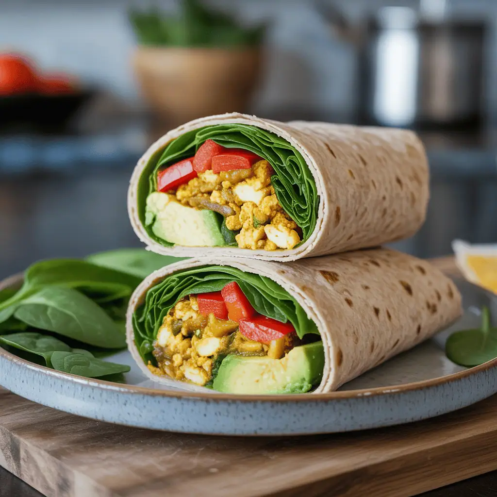 Vegan breakfast wrap filled with tofu and veggies