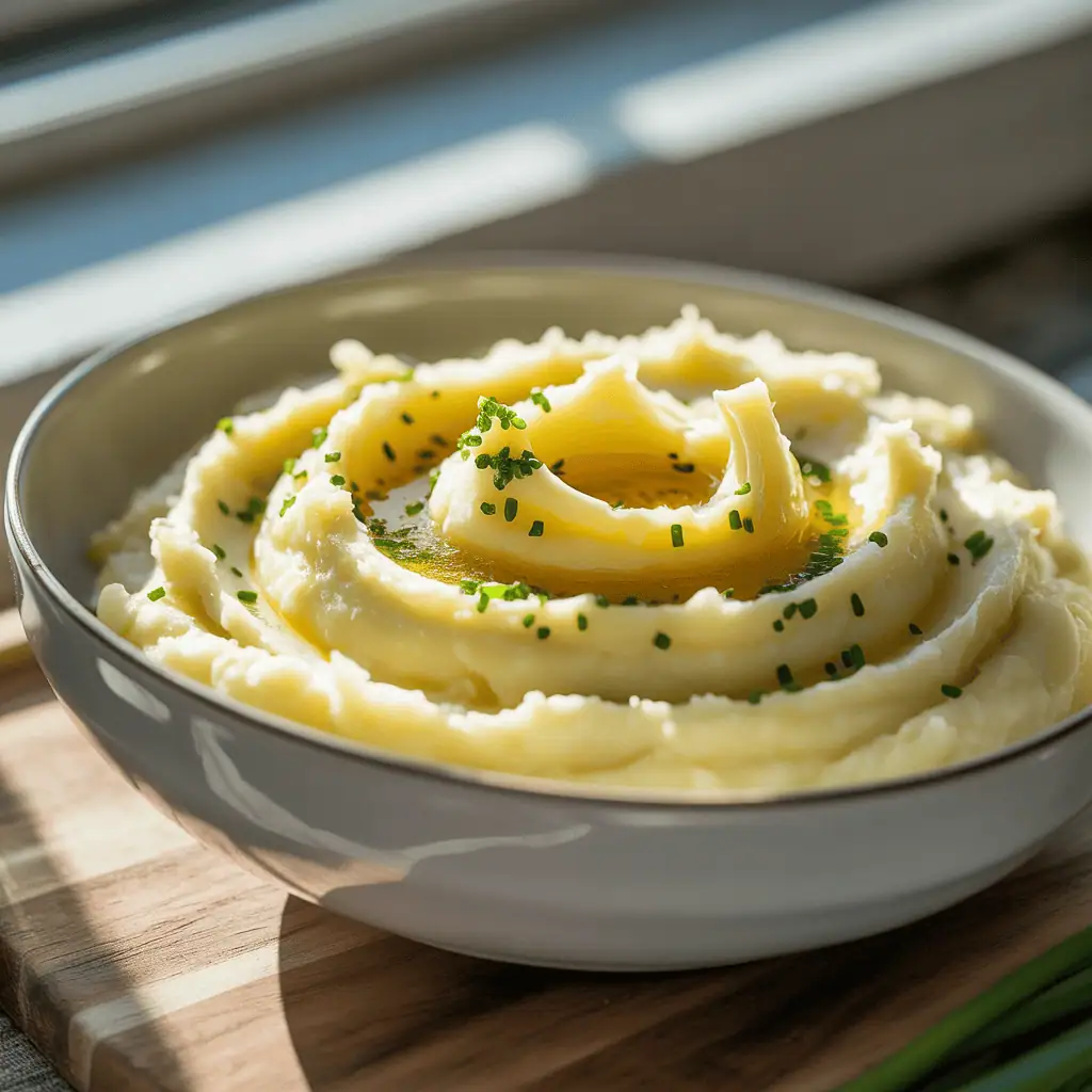 Velvety mashed potatoes with butter and chives in a modern kitchen