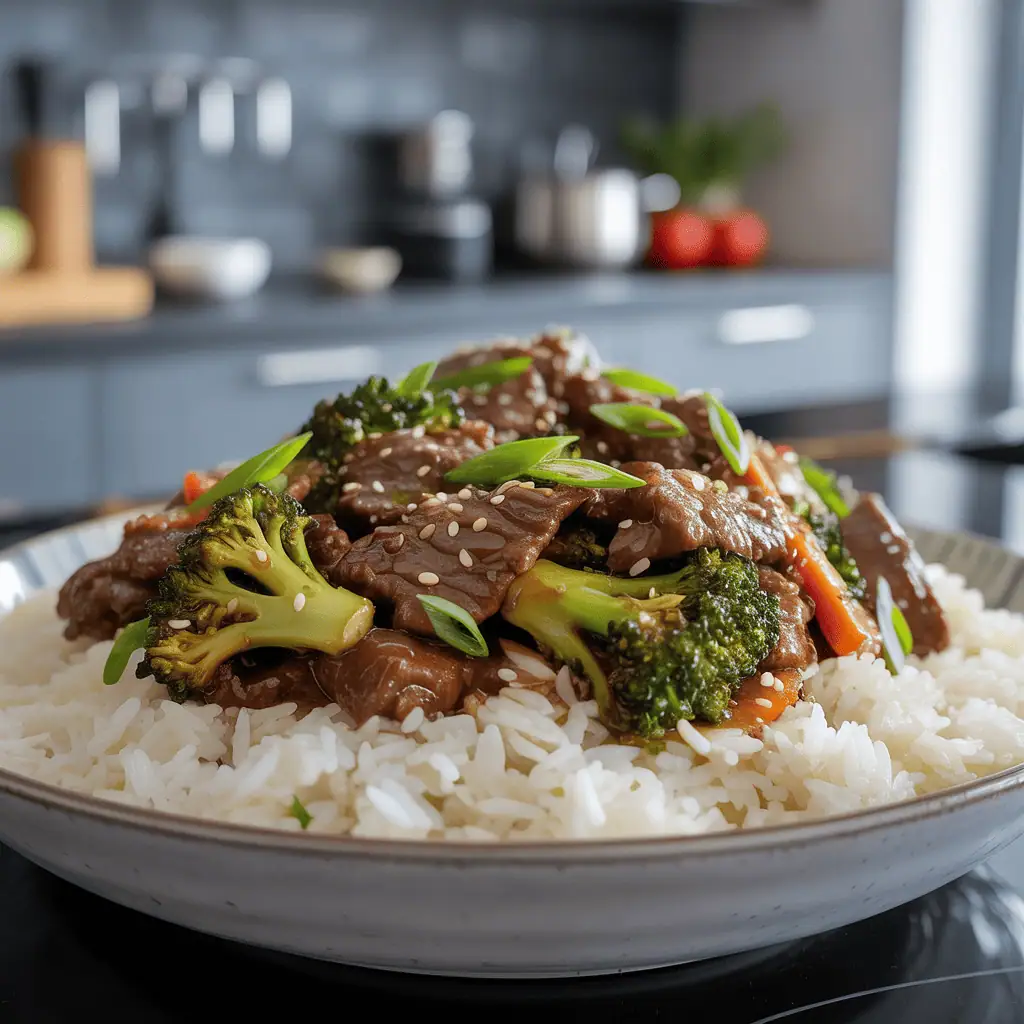 Beef and broccoli stir-fry served with jasmine rice
