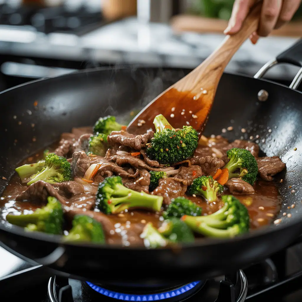 Beef and broccoli stir-fry cooking in a wok with sauce bubbling
