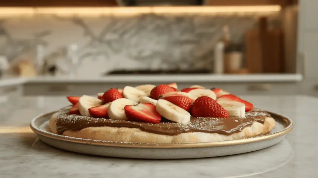 A close-up of dessert-style pizza with Nutella, strawberries, and powdered sugar – a sweet type of pizza