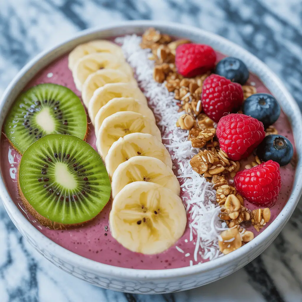 Tropical smoothie bowl topped with colorful fruit