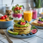 Close-up of a colorful breakfast spread with pancakes, parfaits, toast and smoothie bowl